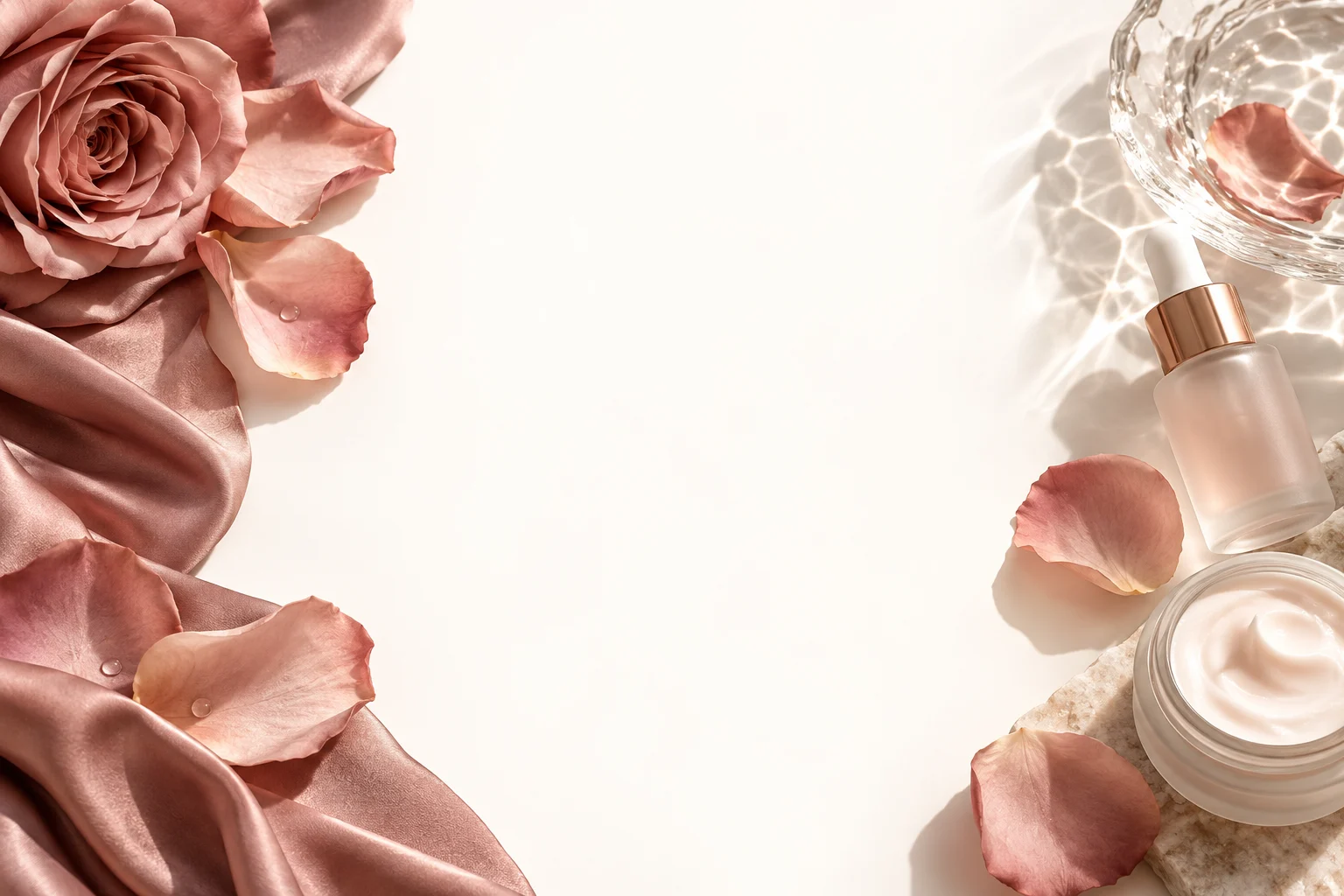 Composizione editoriale con rose, seta e flaconi skincare senza marchio